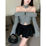 Joskaa Elegant Fashion Striped Shirts Women Sexy Crop Top Slim Fit Blouses Y2k Grunge Off Shoulder Long Sleeve  Blusas Mujer