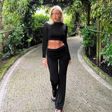 Back To School Joskaa Women Y2K 2 Piece Spring Outfits Solid Color Long Sleeves Crop Tops + Bootcut Pants Set Streetwear Aesthetic Clothes