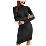 Joskaa Women Winter Dress Turtleneck Pullover Solid Color Long Sleeve Mid Length Knitted Sweater High Neck Dress For Women Temperament