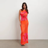 Joskaa Orange Flower Print Dress Women Sexy Mesh See Through Slim Beach Dresses Summer Sleeveless Maxi Holiday Dress 2024 Beachwear