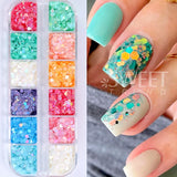 Joskaa 12 Colors Chameleon Nail Glitter Sequins Mermaid Mirror Hexagon 3D Flakes Paillette Laser Spangles Polish Summer Manicure Tips