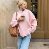 Black Friday Joskaa Pink Sweet Pullover Sweater For Women Round Neck Solid Color Loose Knitted Top Long Sleeve Female 2024 Autumn Fashion