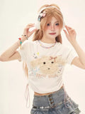 Back To School Joskaa Kawaii Plush Dog T Shirts for Women Drawstring Lace Up Folded Summer Y2k Crop Tops Harajuku Cutecore Girls Slim Clothes