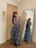 Back To School Joskaa Harajuku Tiered Plaid Skirt Pleated High Waist Long Maxi Cake Skirt Mujer Summer Fashion Tshirt Sexy Two Piece Set Women