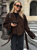 Black Friday Joskaa Fashion Double Breasted Wool Coat Office Lady Lapel Brown Retro Short Jackets Loose Solid 2024 Fall Winter Female Outwear