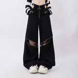 Joskaa American Low Waisted Zipper Hollow Out Black Cargo Pants Summer High Waist Denim  2024 New Loose Wide Leg Jeans Women