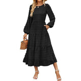 Joskaa Women Long Sleeve Maxi Dresses Casual Crew Neck Dot Tiered Flowy A Line Wedding Guest Dress Casual Fall Dress Fashionable