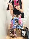 Joskaa American Street Cute Cartoon Print Pants for Women 2024 New Loose Wide Leg  Y2k Grunge High Waist Straight Trousers