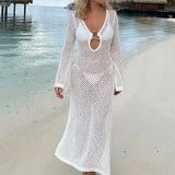 Joskaa Crochet Knit Maxi Beach Dress Women Sexy Split Hollow Out Bikini Cover Up Dress Summer White Long Sleeve Holiday Outfits 2024