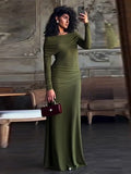 Black Friday Joskaa Elegant Ruched Bodycon Maxi Dress Female Soild High Street Party Evening Dresses Long Sleeve Irrgular Splice Lady Clothes