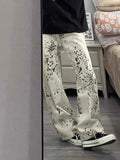 Joskaa American Retro White Leopard Print Denim Pants Y2k E-Girl High Waist Straight Trousers 2024 Summer New Loose Wide Leg Jeans