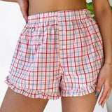 Back To School Joskaa Women's Y2K Kawaii Summer Casual Pajama Shorts Plaid Elastic Band Waist Ruffled Trim Loose Fit Button Lounge Boxers