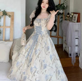 Joskaa Elegant Floral Print Midi Dresses for Women 2024 Summer New Vintage Fashion Slim Casual Birthday Party Lace-up Female Clothing