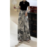 Joskaa New Chinese Ink Painting  Straight Trousers Y2k E-Girl High Waist Loose Wide Leg Pants 2024 Summer Thin Black Skirts