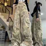 Joskaa American Retro Camouflage Cargo Pants Y2k Grunge High Waist Drawstring Trousers 2024 New Loose Straight Wide Leg