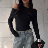 Black Friday Joskaa Irregular Skew Collar Pleated Slim T-shirt Top For Women Fashion Long Sleeve Pullovers 2024 Autumn New Female T-shirt