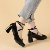 JOSKAA Black Retro Cross-Tie Pumps Casual 2024 Summer Marry Janes Round Toe Shoes Ladies Lolita Sweet Fashion Shoes Woman Bow Design