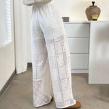 Joskaa 2024 Summer Hollow Out Lace White New Pants Y2k E-Girl High Waist Straight Trousers Fashion Casual Loose Wide Leg