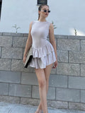 Black Friday Joskaa Slim Frill Tank Mini Dress For Women Summer New Party Club Vestido Sexy Sleeveless Patchwork Dresses Lady Pullover Solid