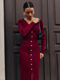 Black Friday Joskaa Fall Winter Long Sleeve Knitted Dress Button Slit Female Sweater Cardigan Dresses Slim Solid Elegant Office Lady Clothes