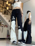 Joskaa Trend Street Black White Denim Pants Women Y2k E-Girl High Waist Irregular Trousers Summer Loose Straight Wide Leg  Jeans