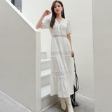 Joskaa-Lace Elegant Women's Dress Spring Hollow Button V Neck Lantern Sleeve White Long Dresses Boho Casual Holiday Vestidos