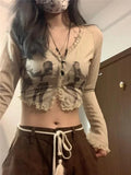 Back To School Joskaa Y2k Lace Crop Tops for Girls American Retro Graphic Cardigan T-shirts Women Coquette Summer Fashion Long Sleeve Clothes