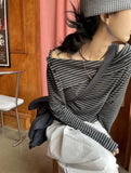 Joskaa Spring Autumn New Black Gray Striped T-shirts Sexy Off Shoulder Knitted Tops Women Y2k E-Girl Long Sleeve Blusas Mujer