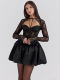 Black Friday Joskaa Sexy Lace Bandage Mini Dress Women's Fashion See Through A-line Dress Fishbone Splice Long Sleeve Black Gown Dresses Lady