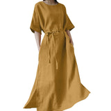 Joskaa Women'S Dress Soild Long Dress Summer O-Neck Short-Sleeved Split Hem Dresses Cotton Linen Belt Dress Pocket Lady Dresses