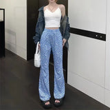 Joskaa Korean Summer Daisy Floral Print Blue Pants Y2k E-Girl High Waist Thin Flare  2024 New Loose Wide Leg  Women