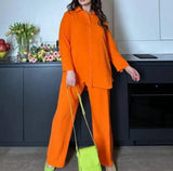 Elegant Women's Two Piece Set Casual Solid Color Shirt Long Sleeved Top Loose Pocket Straight Leg Pants Casual Women's Pants Set