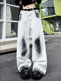 Joskaa American White Tie Dyed Straight Jeans for Women 2024 New High Waist Denim Pants Y2k Grunge Loose Wide Leg  Mujer