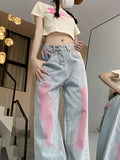 Joskaa American Washed Graffiti Retro Denim Pants for Women 2024 Summer New Loose Flare  Y2k E-Girl Straight Wide Leg Jeans