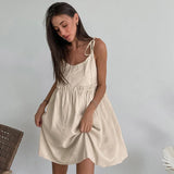 Black Friday Joskaa Fashion Vacation Loose Cotton Linen Slip Dress For Women Lace Up Splice Hot Girl Sexy Dress Party Spaghetti Strap Dress