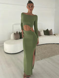 Black Friday Joskaa Waist Hollow Slim Sexy Long Dress For Women Side Slits Fashion Long Sleeve Gown Dress High Elasticity Dress Lady Elegant