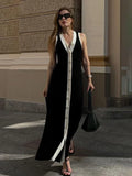 Black Friday Joskaa V Neck Sleeveless Single Breasted Ribbed Knitted Dress Women Bodycon Long Dress Contrast Color Cardigan Sexy Summer Dress