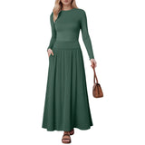 Joskaa Women Fashion Maxi Skirt Casual Round Neck Solid Color Pleated Pocket Slim Fit Long Sleeve Dresses For Women Knee Length