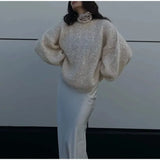 Black Friday Joskaa Fashion Sequined Mohair Sweater Women's New Loose O-neck Lantern Long Sleeve Glitter Knitted Pullover Sweater Streetwear