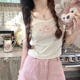 Joskaa 2024 Summer New O-neck Cotton T-shirts Kawaii Cat Print Sweet Fresh Slim Fit Tops Women Y2k E-Girl Short Sleeve Tee Shirt