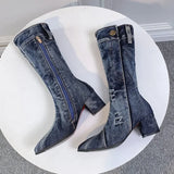 Joskaa Sexy Jean Boots Women's Mid Calf Boot Zipper High Heel Woman Stylish Jeans Boots Ladies Denim Boot Female Shoes Cowboy 2024