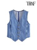 Back To School Joskaa Women Fashion Front Button Denim Waistcoat Vintage V Neck Sleeveless Female Outerwear Chic Vest Tops