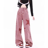 Joskaa American Retro Jeans Five-point Star Raw Edge Splicing Loose Wide-leg  Women Look Thin Trendy All-match Mopping Pants