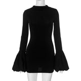 Black Friday Joskaa Fashion Pull Sleeve Black Mini Dress Female High Waist Elegant Long Sleeve Dresses Club Party Bodycon Women's Clothing