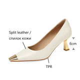 Joskaa NEW Spring/Autumn Women Pumps Split Leather Shoes for Women Square Toe Thin Heel Shoes Casual Metal High Heel Shoes zaptos mujer