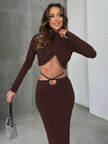 Black Friday Joskaa Fall New Skirts Suit Solid Color Long Sleeve Crop Top Twist Ruched Slim Lace Up Sexy Navel Exposed Skirt Matching Sets