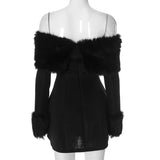 Joskaa Strapless Backless Fluff Sexy Dress For Women 2025 Robes Elegant Evening Party Dress Bodycon Mini Winter Dress Vestidos