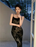 Joskaa Lace Black Elegant Women Dress Vintage Strap Embroidery Floral Mermaid Midi Club Gown Robe Femme Ropa Sexy Mujer Verano Vestidos