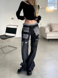 Joskaa 2024 New Washed Hole Blue Jeans for Women Y2k Grunge High Waist Straight Denim Pants Fashion Vintage Loose Wide Leg