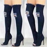 Joskaa Autumn Women High Heels thigh high boots Female Shoes Hot Over The Knee Boots Peep Toe Cowboy Boots Denim shoes 2024